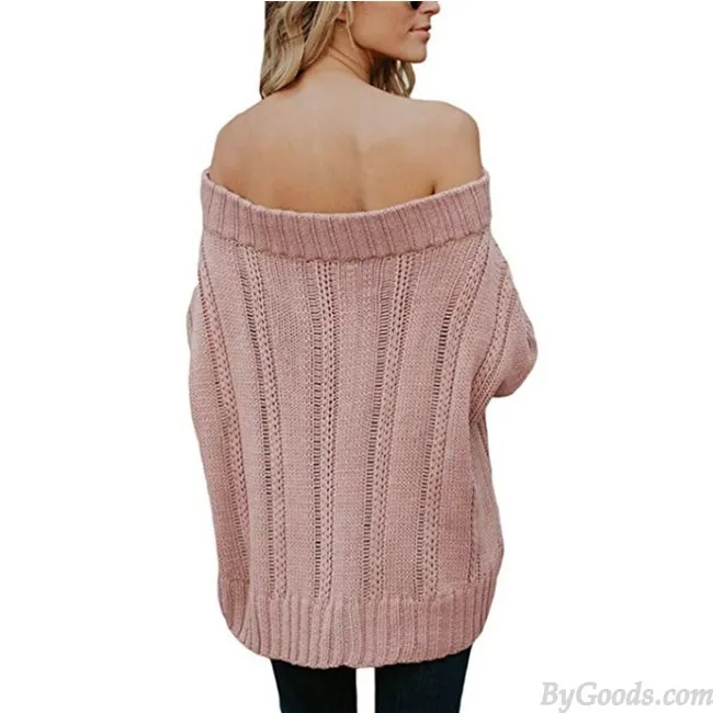 Fashion Loose Knit Long Sleeve Strapless Shoulder Cardigan Women Sweater