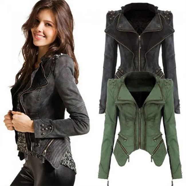 Fashion Rivet Irregular Hem Zipper Denim Dovetail Coat