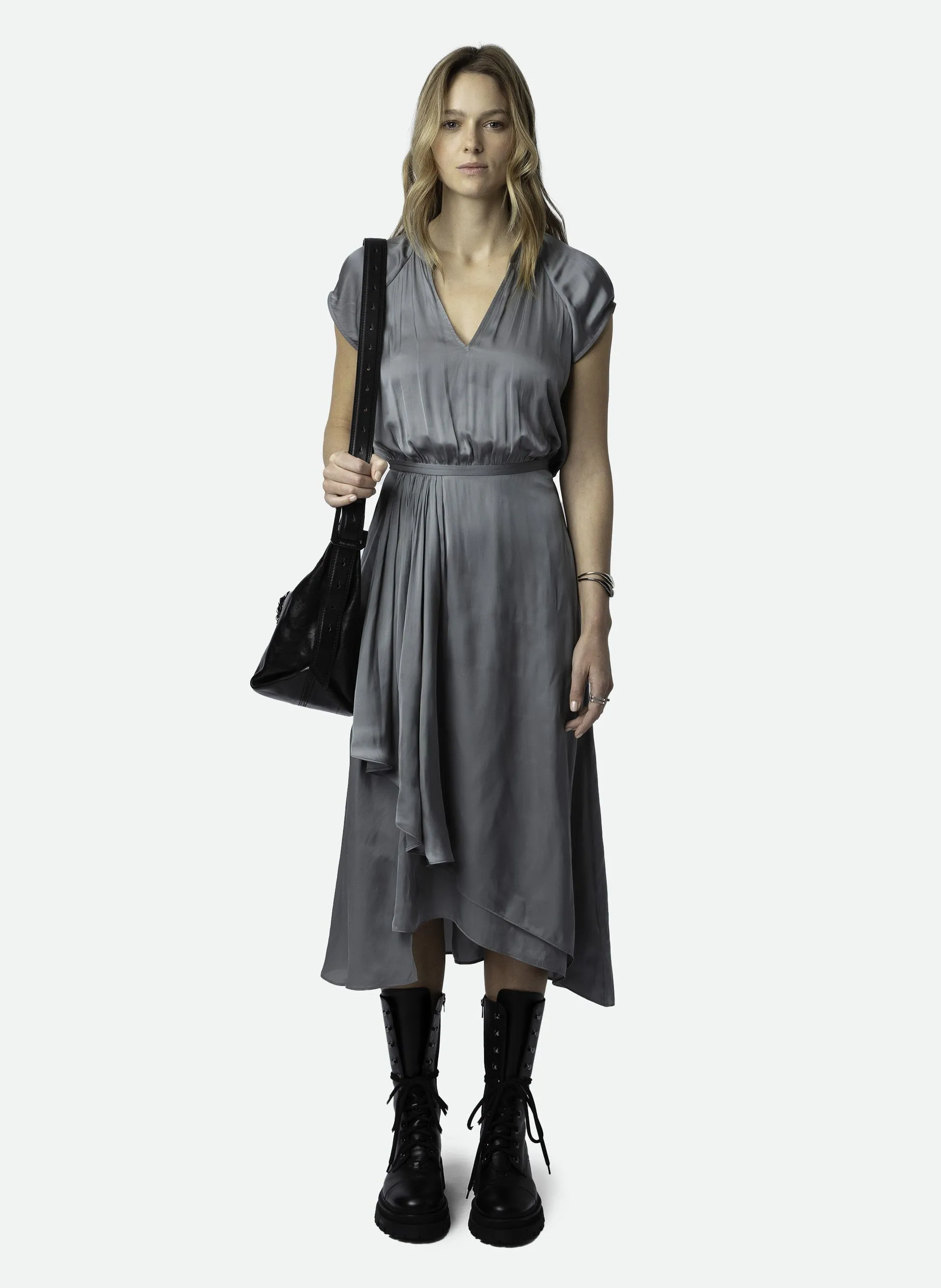 RANDALL - Vestido midi con cuello tunecino de satén en gris