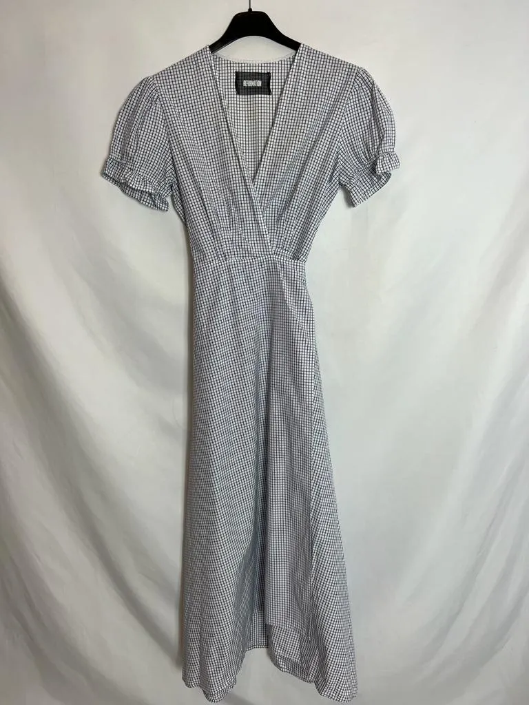 REFORMATION. Vestido midi cuadros cruzado. T S