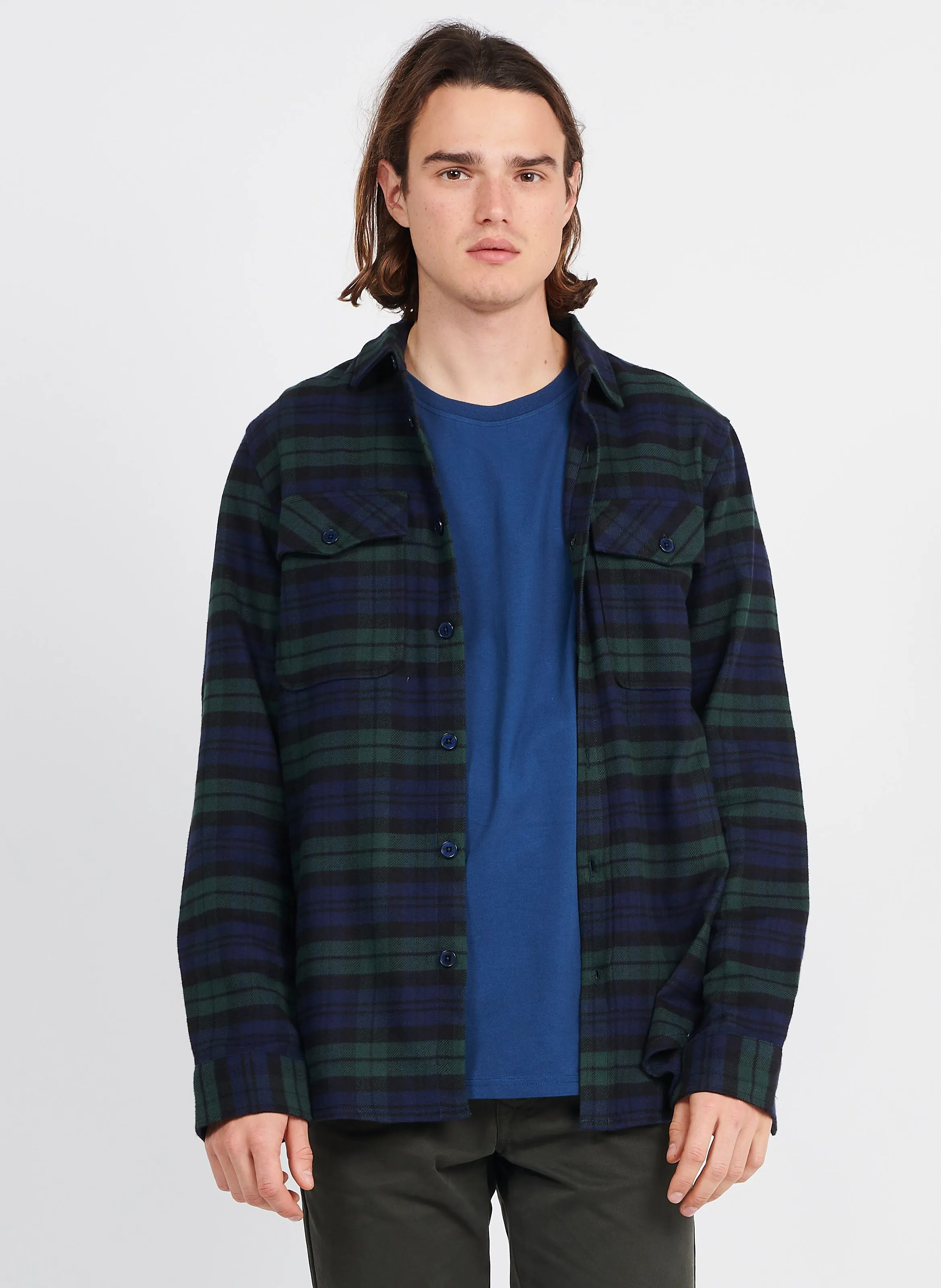 Sobrecamisa regular fit de algodón a cuadros con cuello clásico en azul