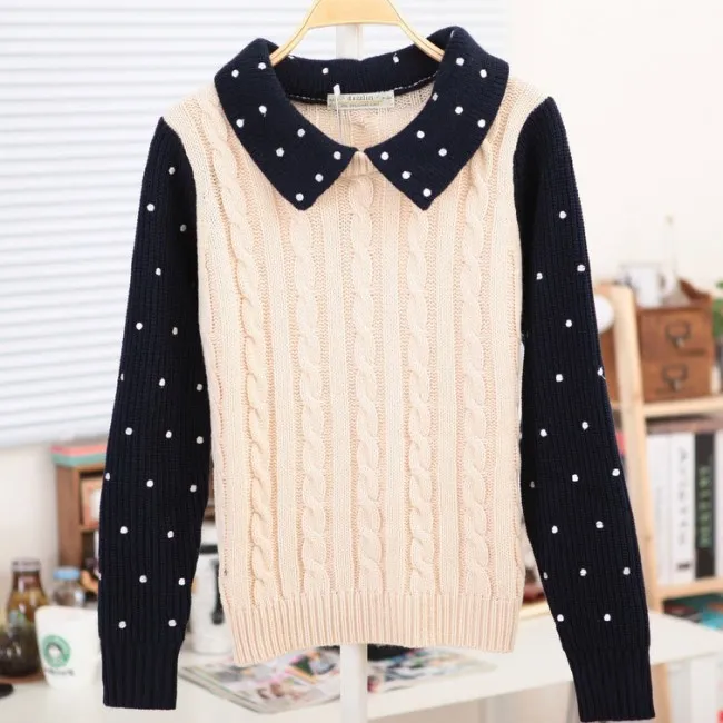 Sweet Polka Dots Braid  Twist  Long-Sleeve Sweater&Cardigan 