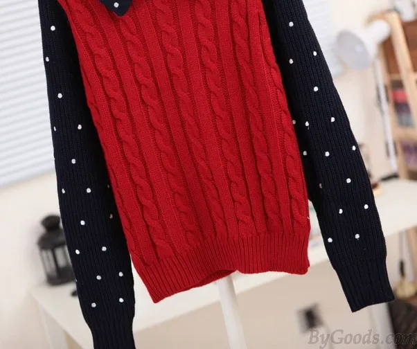 Sweet Polka Dots Braid  Twist  Long-Sleeve Sweater&Cardigan 