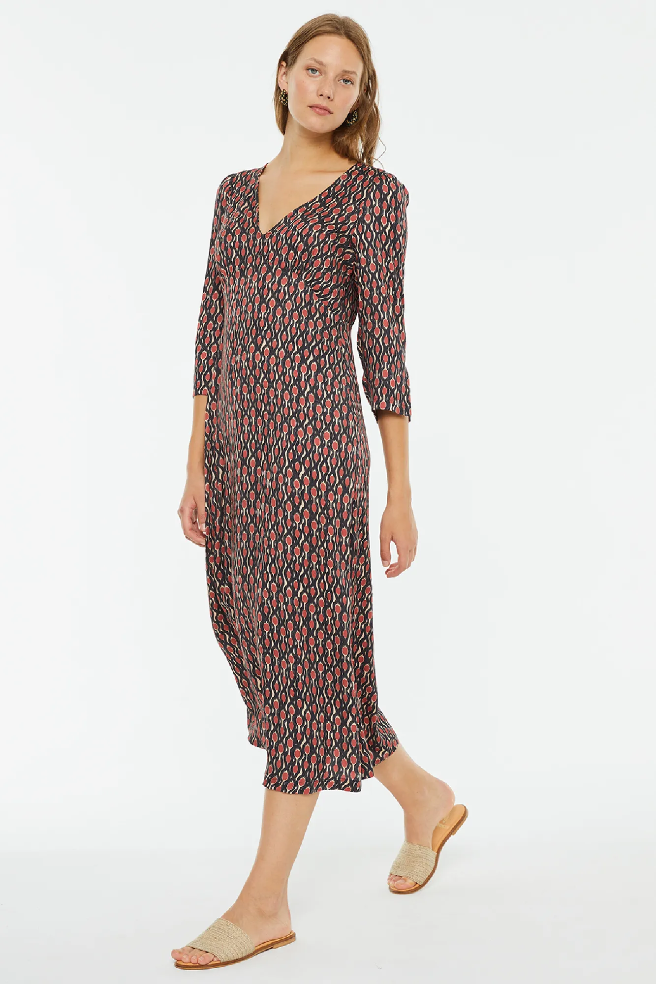 Systemaction Vestido midi de manga francesa con estampado geométrico