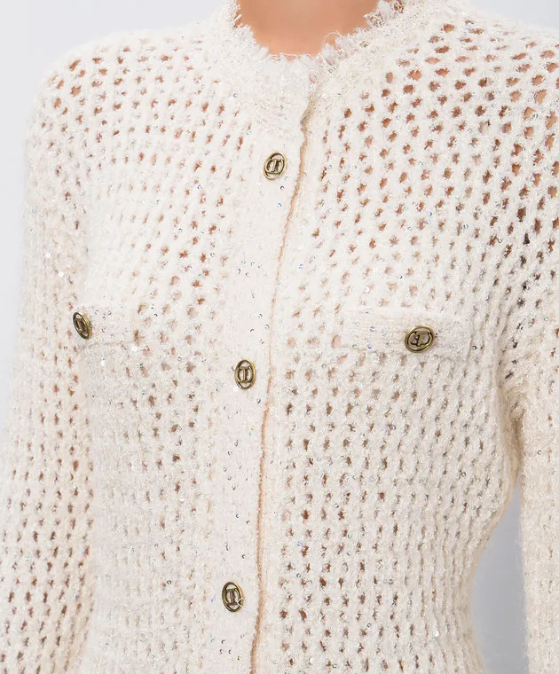 Twinset Beige openwork cardigan with wool and sequins