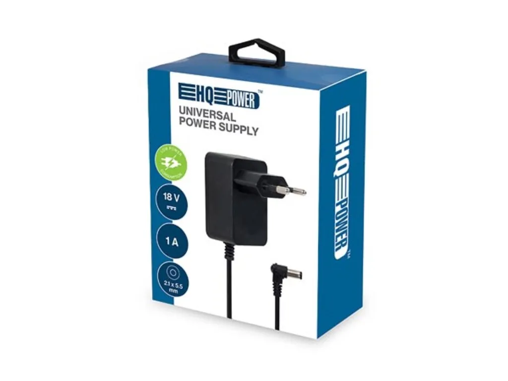 Universal power adapter, for IT equipment, 18 VDC, 1 A, 18 W, 5.5 x 2.1 mm DC plug, black