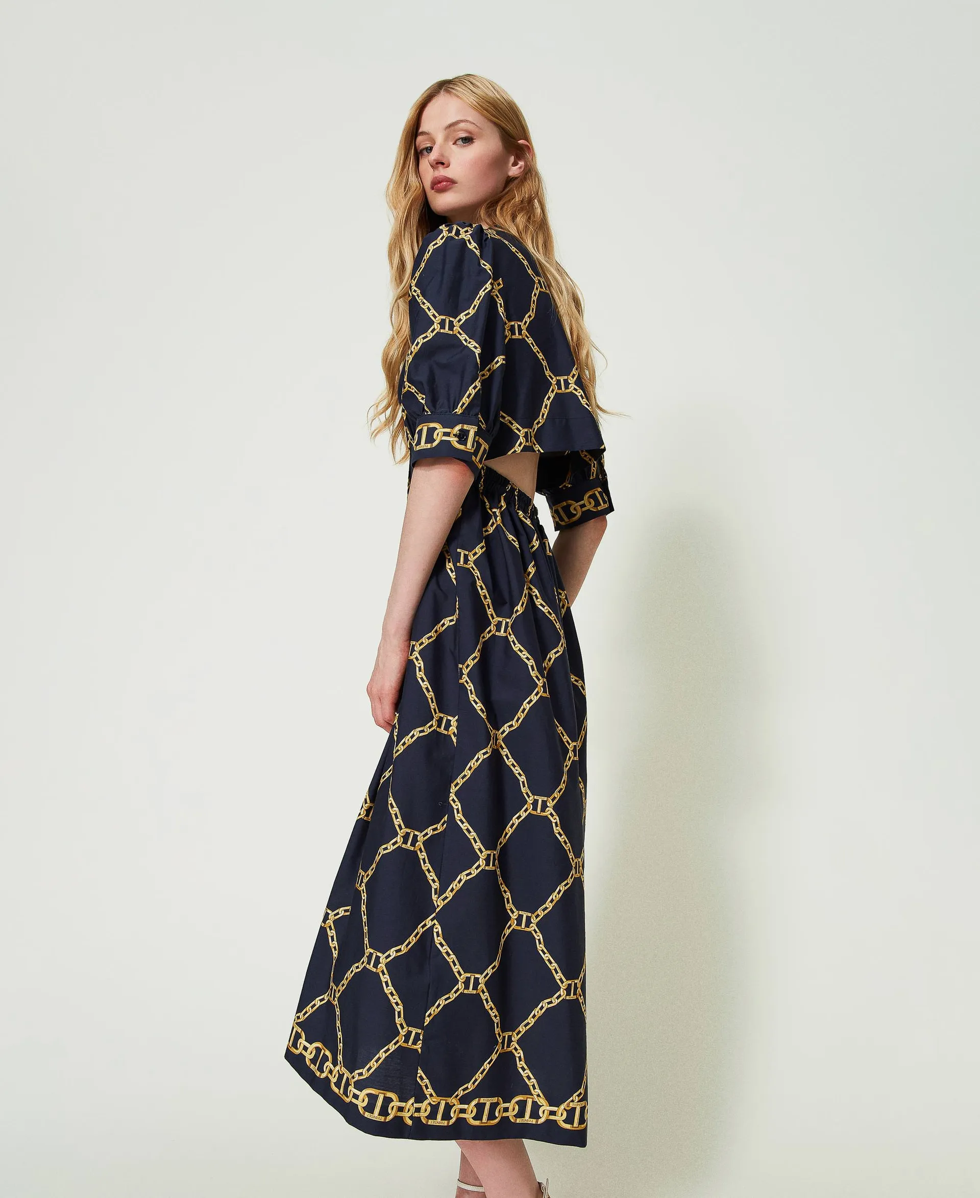 Vestido midi de popelina con estampado de cadenas