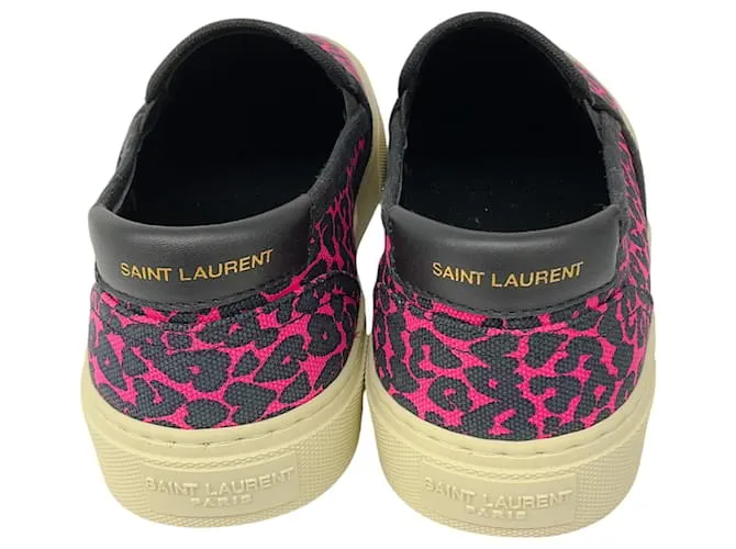 Zapatillas slip-on de lona impresa rosa / negra Saint Laurent 